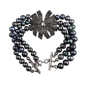 Marcasite Flower Real Pearl Triple Strand Sterling Silver Bracelet Thailand 7.5"